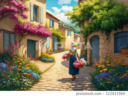 Flowered path in the south of France Woman holding a flower 122815364