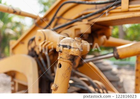 Industrial close-up technical insights excavator action at construction sites Industrial close-up technical insights excavator action at construction sites 122816023