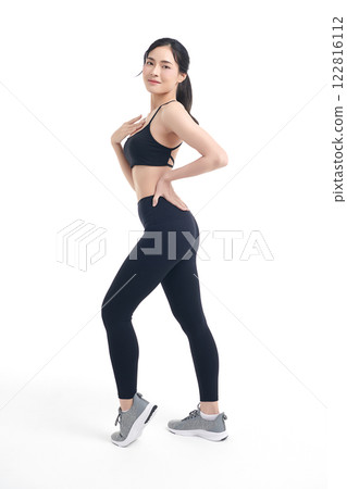 Beautiful young asian sport woman with sportswear ready for exercise on white background, Advertising sportswear and yoga wear, Healthy lifestyle, sport. Beautiful young asian sport woman with sportswear ready for exercise on white background, Advertising sportswear and yoga wear, Healthy lifestyle, sport. 122816112