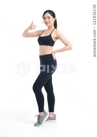 Beautiful young asian sport woman with sportswear ready for exercise on white background, Advertising sportswear and yoga wear, Healthy lifestyle, sport. Beautiful young asian sport woman with sportswear ready for exercise on white background, Advertising sportswear and yoga wear, Healthy lifestyle, sport. 122816116