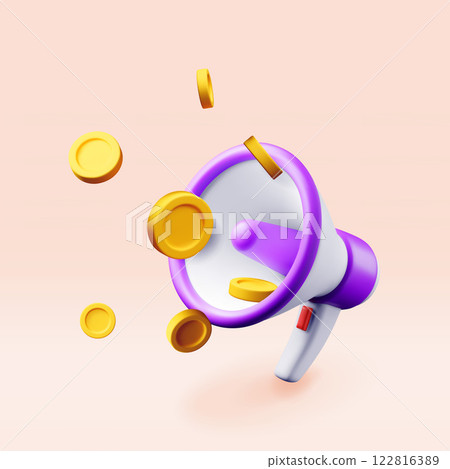 3D megaphone with coins isolated on pink. 122816389