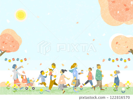 People enjoying cherry blossom viewing Stylish Japanese-style background material 122816570