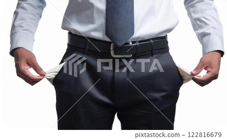 Empty pockets of a businessman - a symbolic image of economic difficulties and financial problems 122816679