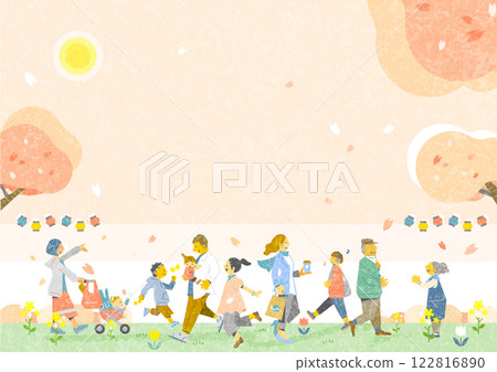 People enjoying cherry blossom viewing Stylish Japanese-style background material 122816890