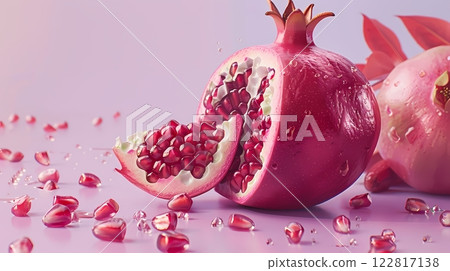 Ripe pomegranate photo A pomegranate cut open reveals juicy red flesh. 122817138