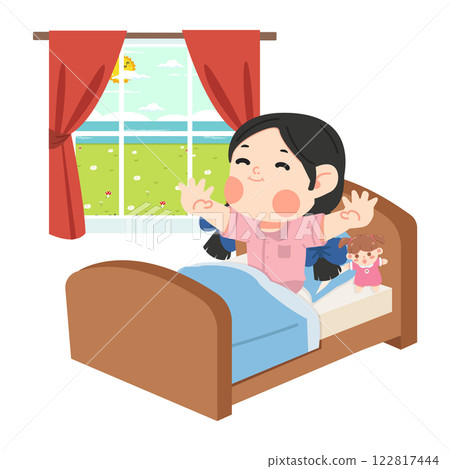 Kid girl waking up in the morning on the bed 122817444