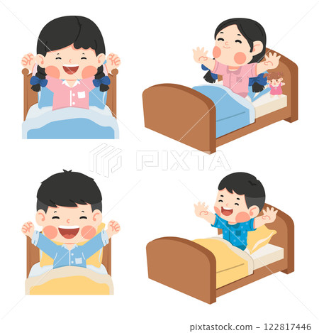Kids waking up in the morning on the bed set 122817446
