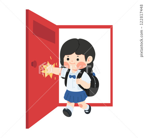 Young girl opens red door 122817448