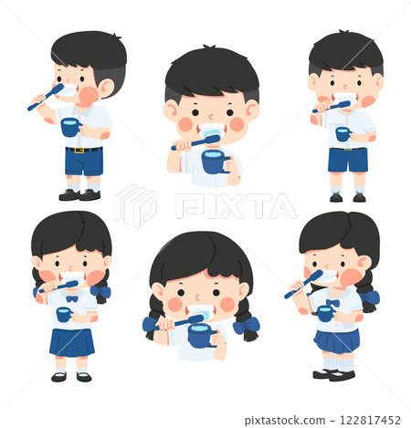 Set of cartoons showing a boy and girl brushing their teeth 122817452