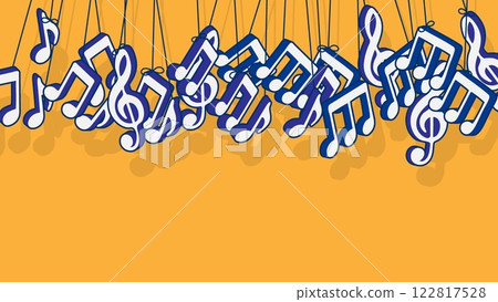 Musical notes suspended from ropes and swaying in wind. Advertising vector banner for presentation of concert or children vocal evening isolated on orange background Musical notes suspended from ropes and swaying in wind. Advertising vector banner for presentation of concert or children vocal evening isolated on orange background 122817528