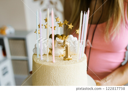 Birthday Cake With Pastel Candles And Stars 122817738