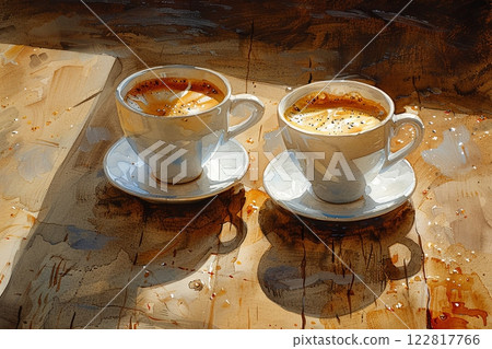 Two white coffee cups sit on a wooden table 122817766