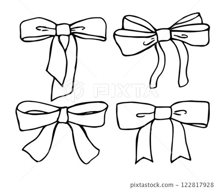 vector illustration, set with bows. black and white drawing in doodle style 122817928