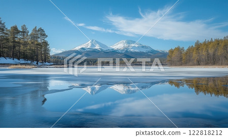 Clear frozen lake with snow-capped mountains and trees in the background 122818212