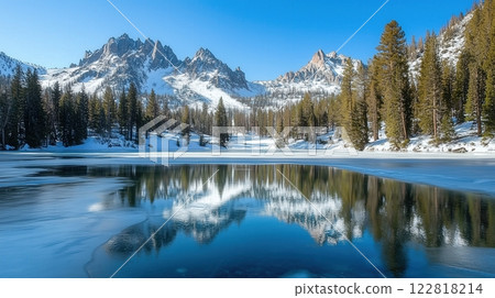 Clear frozen lake with snow-capped mountains and trees in the background Clear frozen lake with snow-capped mountains and trees in the background 122818214