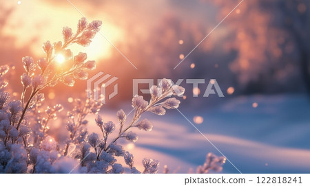 Frost-covered plants glistening in the early morning light with a snowy background 122818241