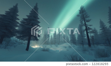 Northern lights over a frozen forest landscape, illuminating the snow below 122818293