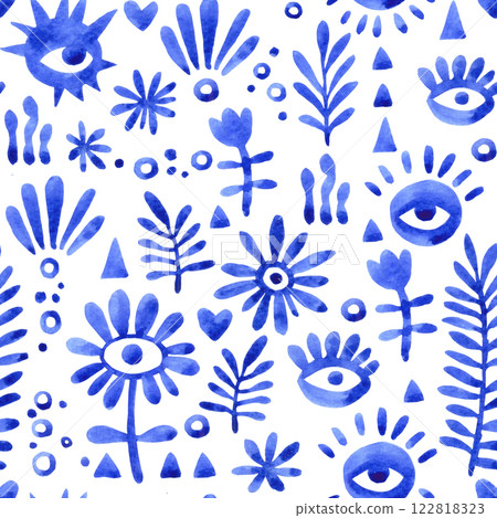 watercolor illustration, abstract blue seamless pattern with modern ornaments, eyes and flowers. 122818323