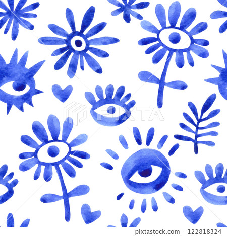 watercolor illustration, abstract blue seamless pattern with modern ornaments, eyes and flowers. 122818324
