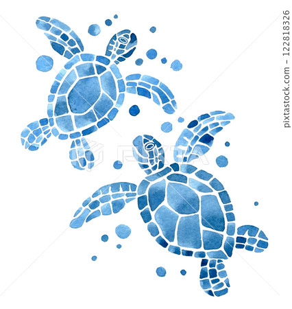 watercolor illustration, set with sea turtles. simple blue watercolor illustration, set with sea turtles. simple blue 122818326