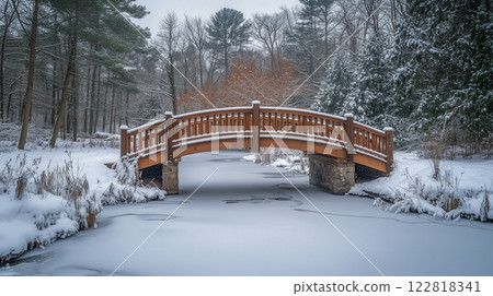 Snow-covered bridge over a frozen river surrounded by trees 122818341