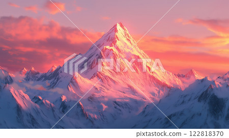 Snowy mountain peak at sunrise with pink and orange hues lighting the sky 122818370