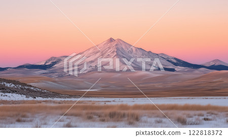 Snowy mountain peak at sunrise with pink and orange hues lighting the sky 122818372
