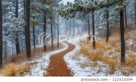 Snowy trail winding through tall pine trees with a soft winter fog Snowy trail winding through tall pine trees with a soft winter fog 122818394