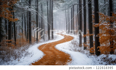Snowy trail winding through tall pine trees with a soft winter fog Snowy trail winding through tall pine trees with a soft winter fog 122818395