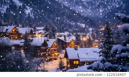 Snowy village at dusk with warm lights glowing from cottage windows 122818407