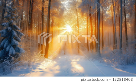 Winter forest scene with sunlight breaking through snow-dusted branches 122818408