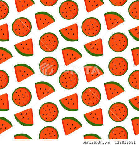 Seamless pattern of watermelon slices with seeds on white background, flat cartoon style. 122818581