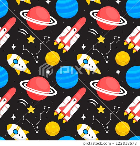Seamless Pattern of Outer Space Exploration with Floating Rocket and Planets in Cartoon Flat Design Illustration 122818678