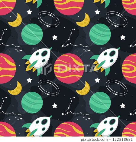Seamless Pattern of Outer Space Exploration with Floating Rocket and Planets in Cartoon Flat Design Illustration Seamless Pattern of Outer Space Exploration with Floating Rocket and Planets in Cartoon Flat Design Illustration 122818681