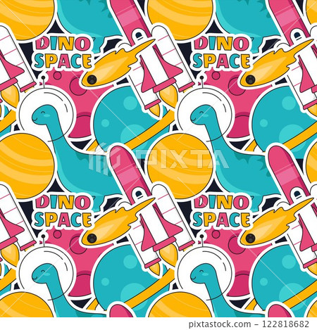 Seamless Pattern of Outer Space Exploration with Floating Rocket and Planets in Cartoon Flat Design Illustration Seamless Pattern of Outer Space Exploration with Floating Rocket and Planets in Cartoon Flat Design Illustration 122818682