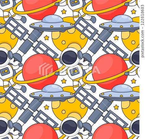 Seamless Pattern of Outer Space Exploration with Floating Rocket and Planets in Cartoon Flat Design Illustration 122818683