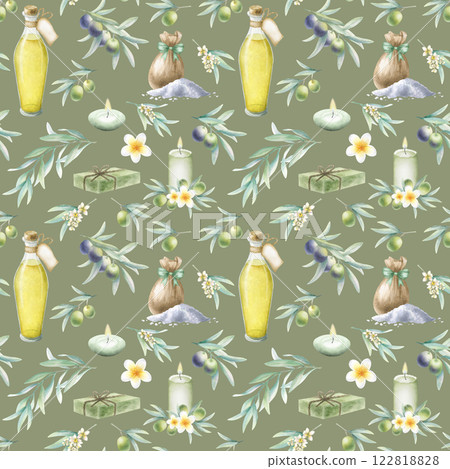 Olive oil in bottle, soap aleppo, sea salt scattered and in sack, candles, frangipani flower, olive branches. Hand drawn watercolor seamless pattern on dark olive color for textile, spa salon design. Olive oil in bottle, soap aleppo, sea salt scattered and in sack, candles, frangipani flower, olive branches. Hand drawn watercolor seamless pattern on dark olive color for textile, spa salon design. 122818828