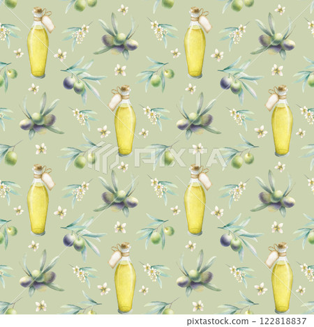 Olive oil in glass bottle with label and cork. Olive branches and flowers. Watercolor seamless pattern on light olive color. Hand drawn illustration for kitchen textile, organic healthy food package. Olive oil in glass bottle with label and cork. Olive branches and flowers. Watercolor seamless pattern on light olive color. Hand drawn illustration for kitchen textile, organic healthy food package. 122818837