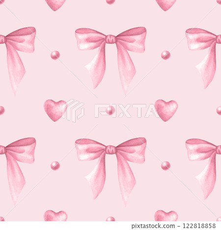 Coquette Bows, beads and hearts in pastel pink color. Watercolor seamless pattern hand drawn on pink for cutecore, girls, romantic invitation design, textile, wrapping, fabric and scrapbooking paper. 122818858