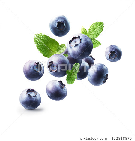 Falling blueberries with mint on white backgrounds 122818876