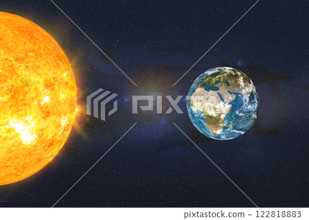 Sun and Earth with visible solar flares and cosmic dust. 3d rendered illustration. Elements of this image were furnished by NASA Sun and Earth with visible solar flares and cosmic dust. 3d rendered illustration. Elements of this image were furnished by NASA 122818883