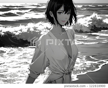 可愛的單色女孩插圖 122818900