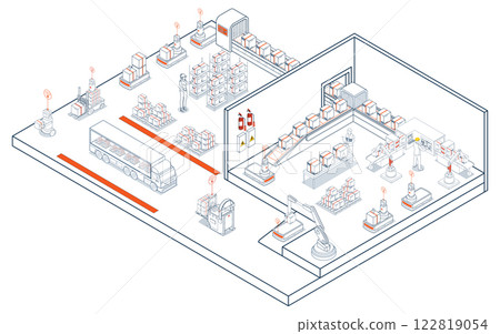 Smart logistics and automated warehouse operations, featuring AGVs and AMRs for robotic material handling and transportation. 122819054