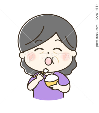 A cute and relaxed illustration of an elderly woman eating rice and saying it's delicious 122819118
