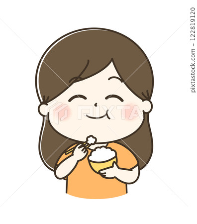 A cute and relaxed illustration of a woman munching on rice with relish. 122819120