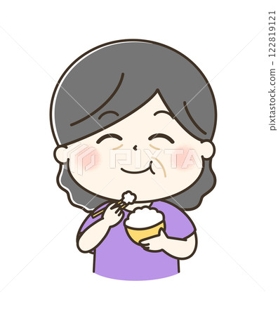 這是一位老婦人津津有味地吃著米飯的可愛而輕鬆的插圖。 122819121