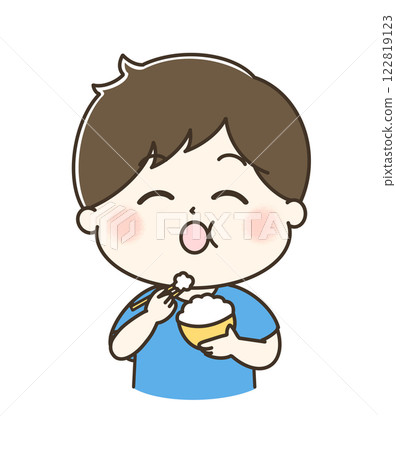 A cute and relaxed illustration of a man eating rice and saying it's delicious 122819123