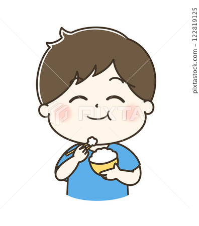 A cute and relaxed illustration of a man munching on rice with relish A cute and relaxed illustration of a man munching on rice with relish 122819125