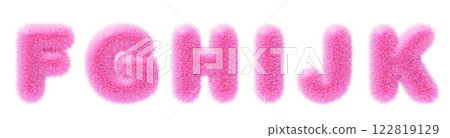 3d pink fur type font, fluffy alphabet letters f, g, h, i, j, k render. Furry english letters with hairy texture for fun education kids. Cute fuzzy text isolated on white background. 3D illustration 122819129