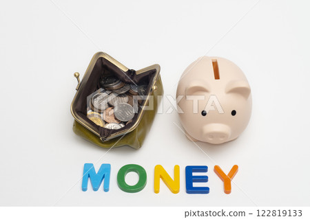 Money character with a purse and a piggy bank Money character with a purse and a piggy bank 122819133